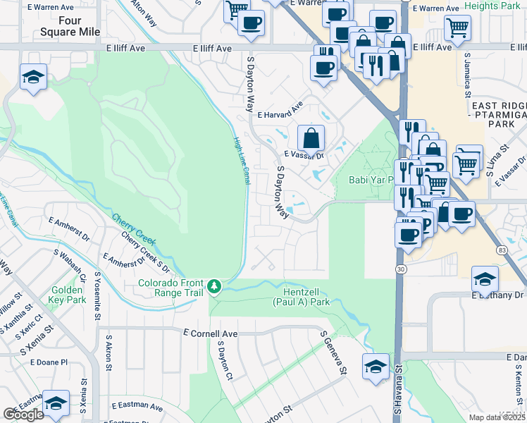 map of restaurants, bars, coffee shops, grocery stores, and more near 2685 Beaumont Way in Denver