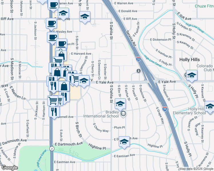 map of restaurants, bars, coffee shops, grocery stores, and more near 2674 South Dexter Street in Denver
