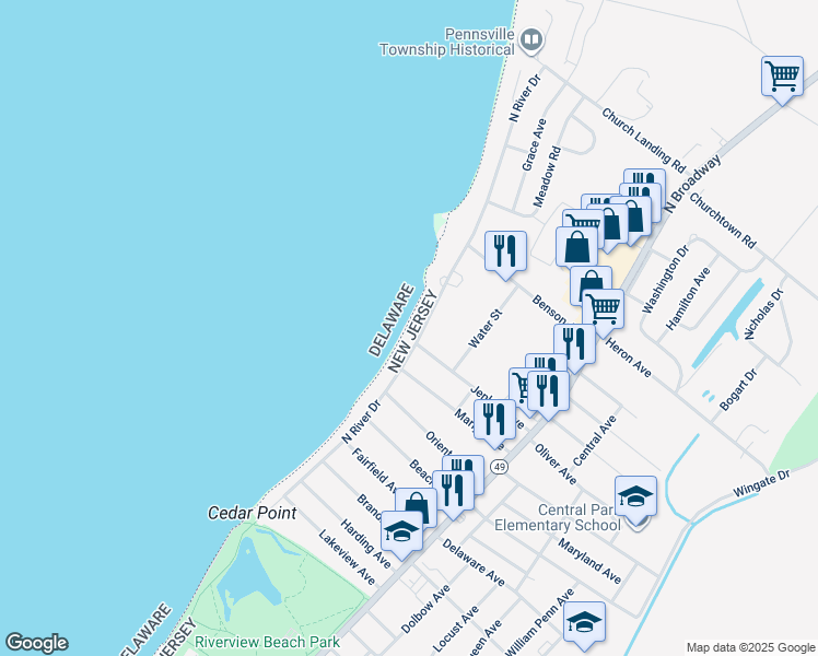 map of restaurants, bars, coffee shops, grocery stores, and more near 179 North River Drive in Salem County