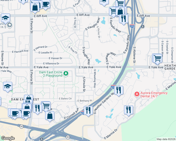 map of restaurants, bars, coffee shops, grocery stores, and more near 13220 East Linvale Place in Aurora