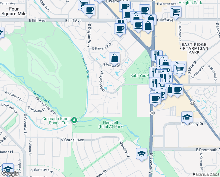 map of restaurants, bars, coffee shops, grocery stores, and more near 2685 South Dayton Way in Denver