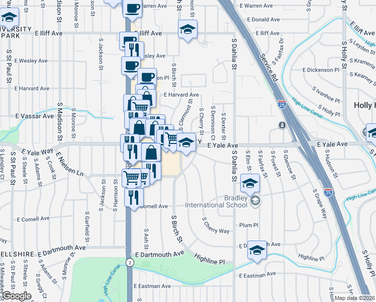 map of restaurants, bars, coffee shops, grocery stores, and more near 4567 East Yale Avenue in Denver
