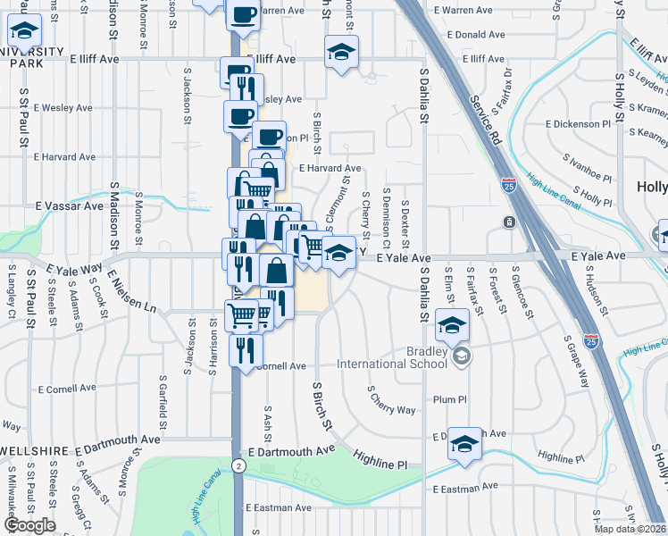 map of restaurants, bars, coffee shops, grocery stores, and more near 4567 East Yale Avenue in Denver