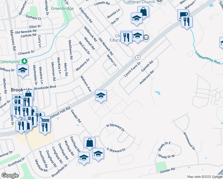 map of restaurants, bars, coffee shops, grocery stores, and more near 1705 Mel Lane in Newark