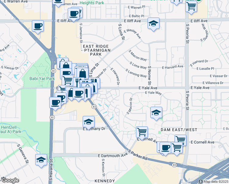map of restaurants, bars, coffee shops, grocery stores, and more near 11218 East Linvale Drive in Aurora