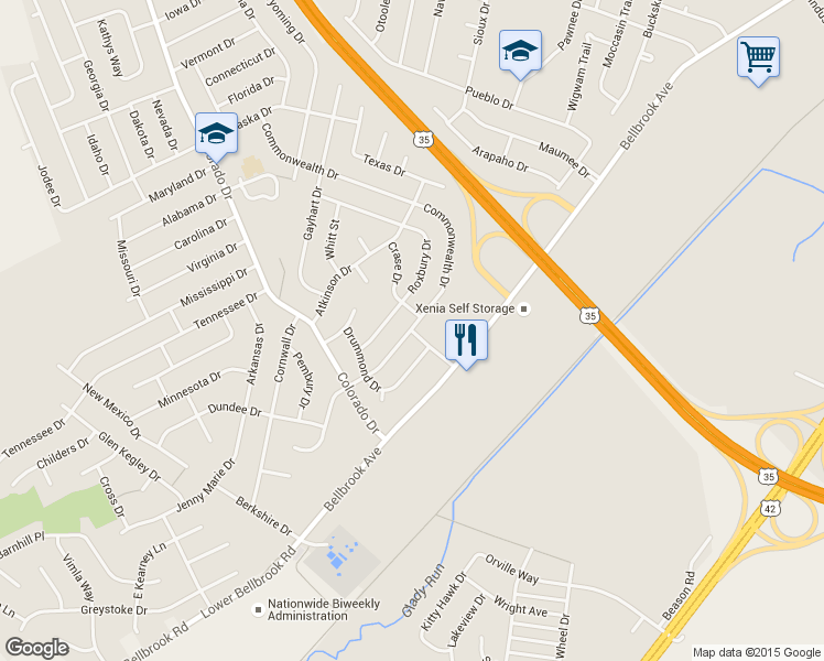 map of restaurants, bars, coffee shops, grocery stores, and more near 2074 Wimbledon Street in Xenia