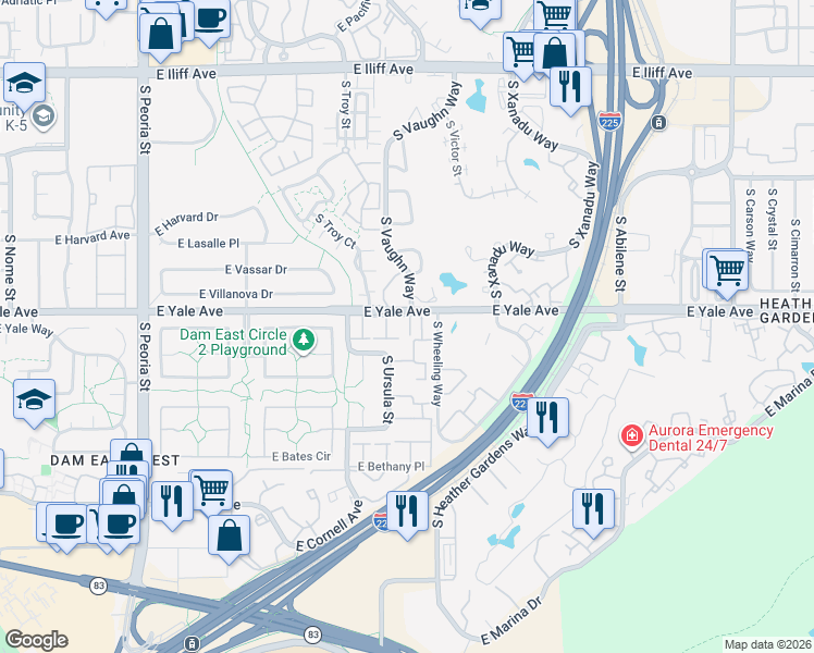 map of restaurants, bars, coffee shops, grocery stores, and more near 13220 East Linvale Place in Aurora