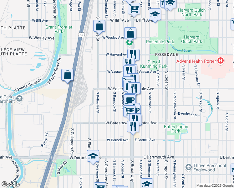 map of restaurants, bars, coffee shops, grocery stores, and more near 270 West Yale Avenue in Denver