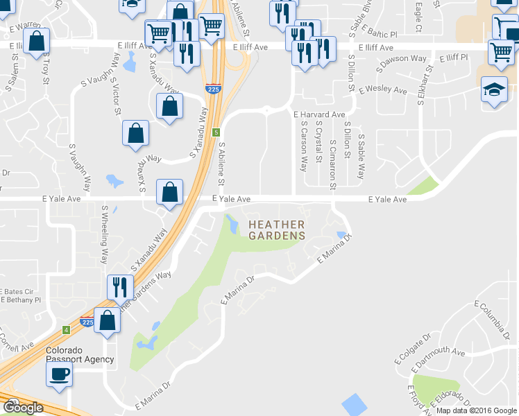 map of restaurants, bars, coffee shops, grocery stores, and more near 13950 East Linvale Place in Aurora