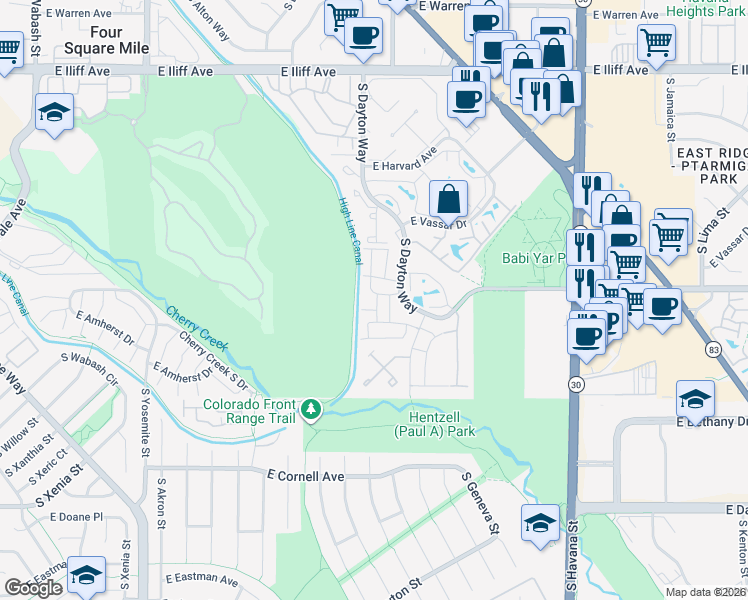 map of restaurants, bars, coffee shops, grocery stores, and more near 2669 South Dayton Way in Denver