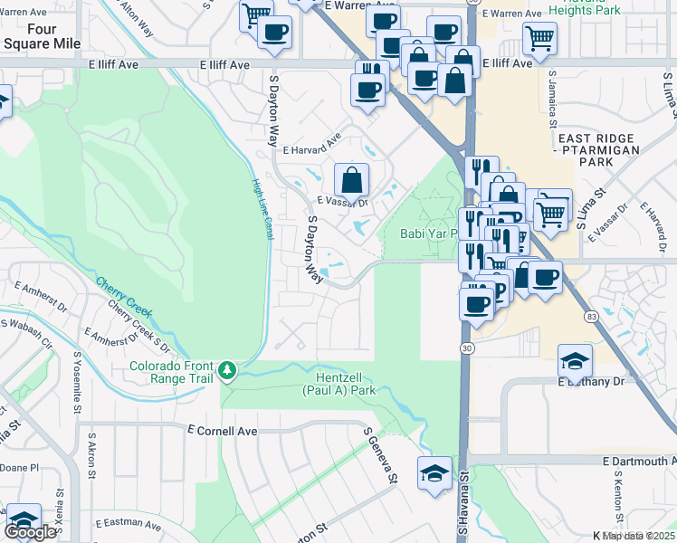 map of restaurants, bars, coffee shops, grocery stores, and more near 9999 East Yale Avenue in Denver