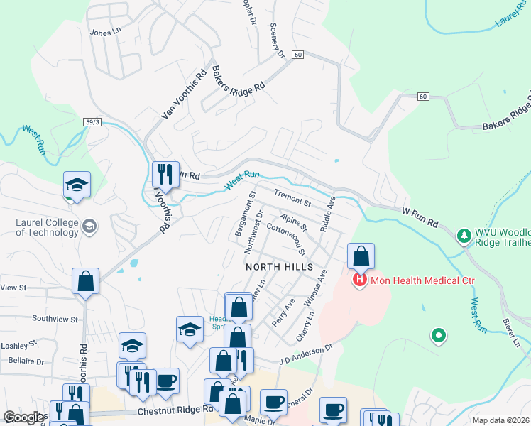 map of restaurants, bars, coffee shops, grocery stores, and more near 1462 Bergamont Street in Morgantown