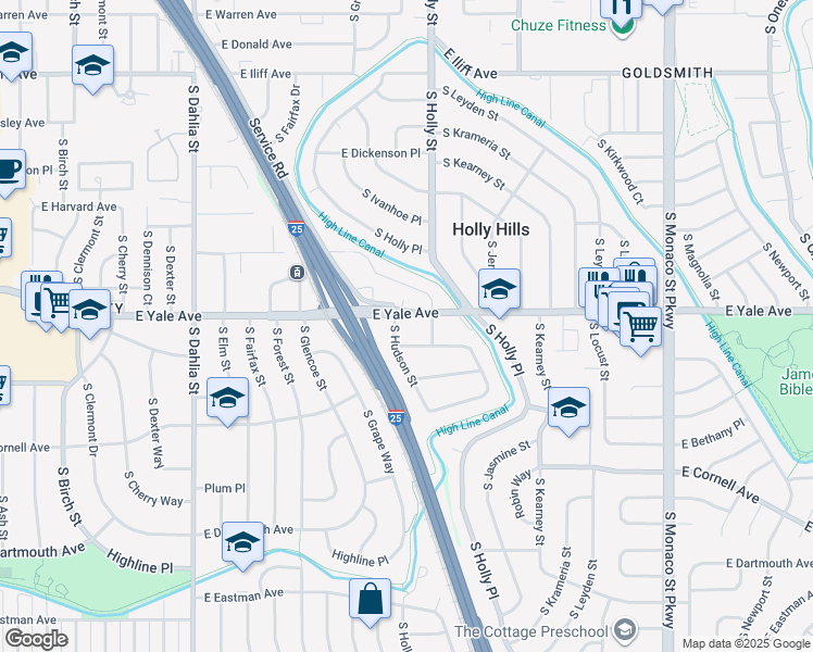 map of restaurants, bars, coffee shops, grocery stores, and more near in Denver