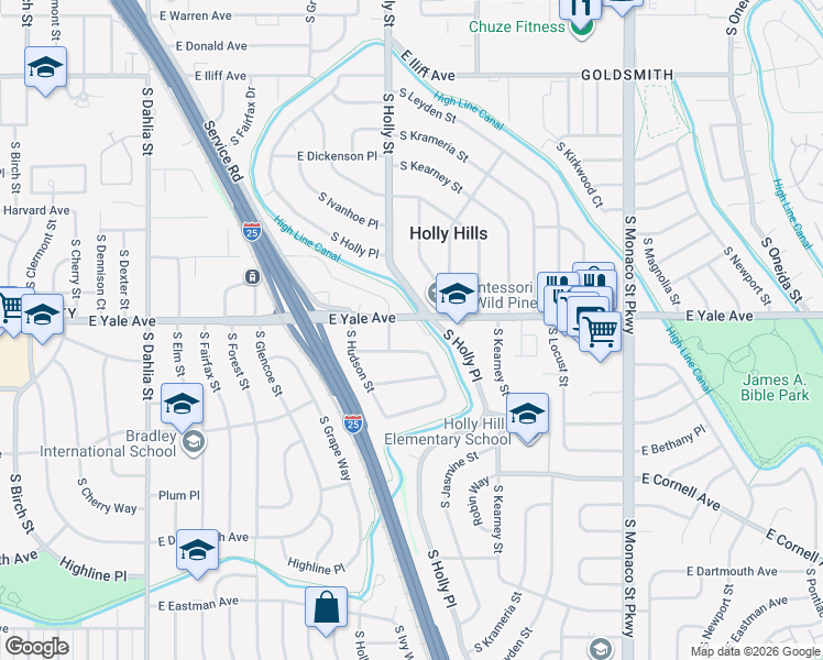 map of restaurants, bars, coffee shops, grocery stores, and more near 212 East Yale Avenue in Denver