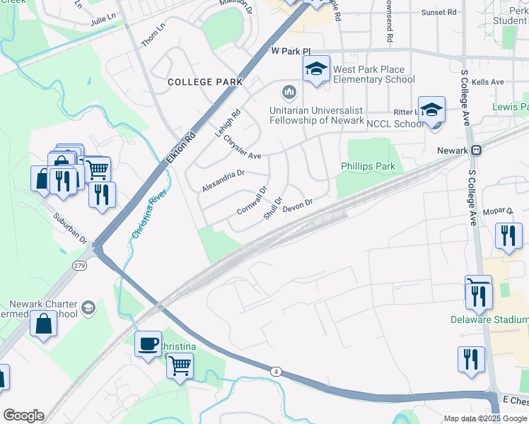 map of restaurants, bars, coffee shops, grocery stores, and more near 37 Shull Drive in Newark