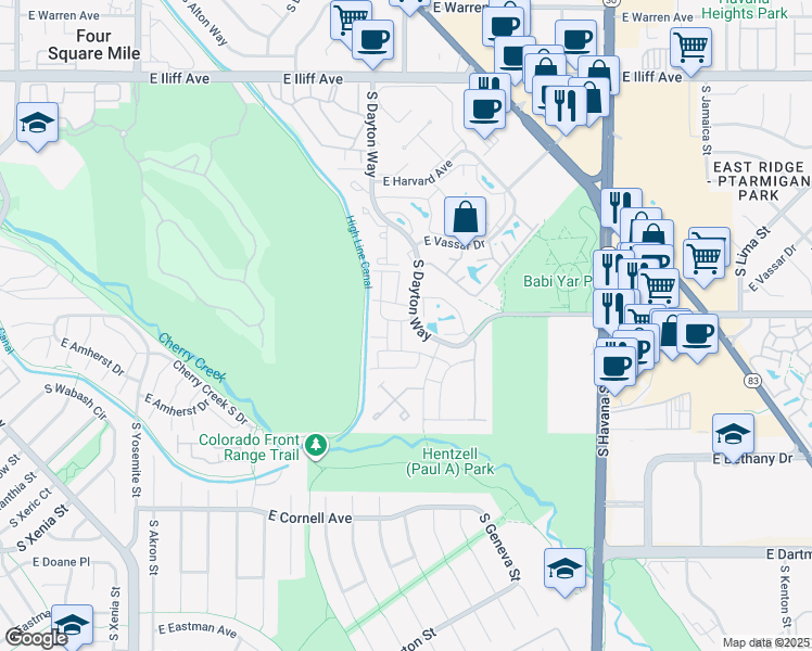 map of restaurants, bars, coffee shops, grocery stores, and more near 2685 Beaumont Way in Denver