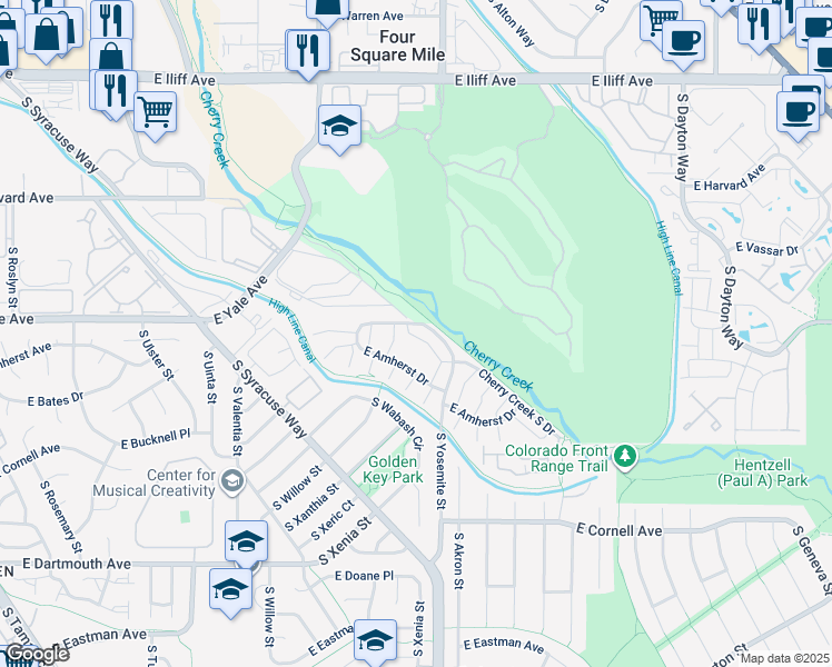 map of restaurants, bars, coffee shops, grocery stores, and more near 8790 East Yale Avenue in Denver