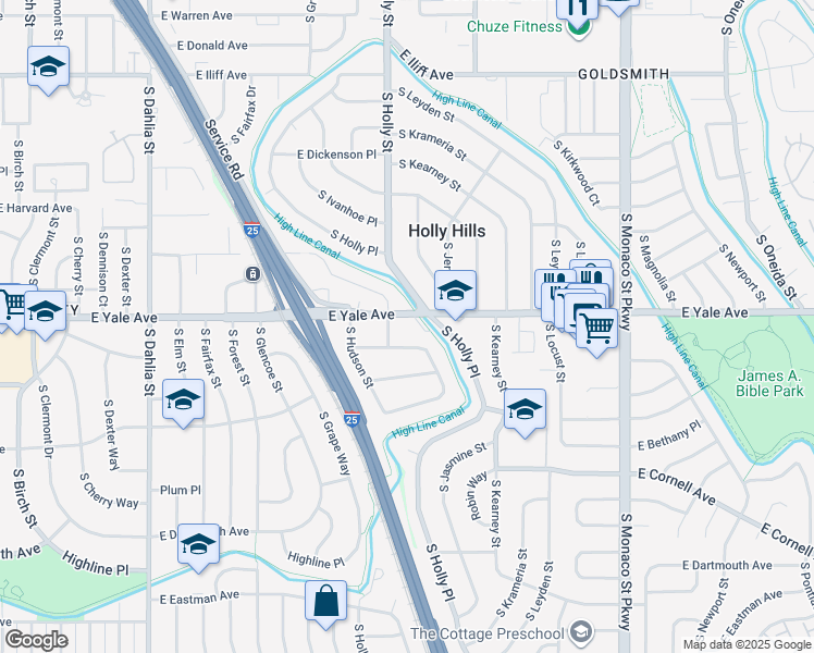 map of restaurants, bars, coffee shops, grocery stores, and more near 212 East Yale Avenue in Denver
