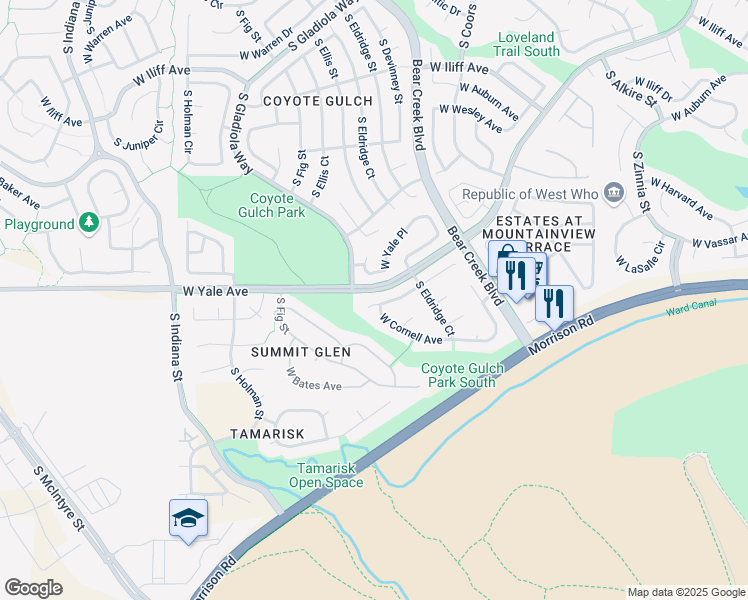 map of restaurants, bars, coffee shops, grocery stores, and more near 14081 West Amherst Avenue in Lakewood