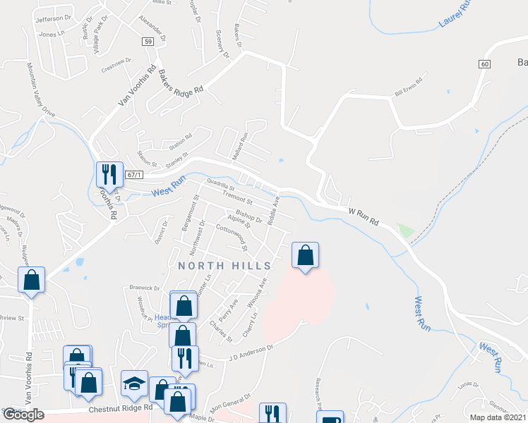map of restaurants, bars, coffee shops, grocery stores, and more near in Monongalia County