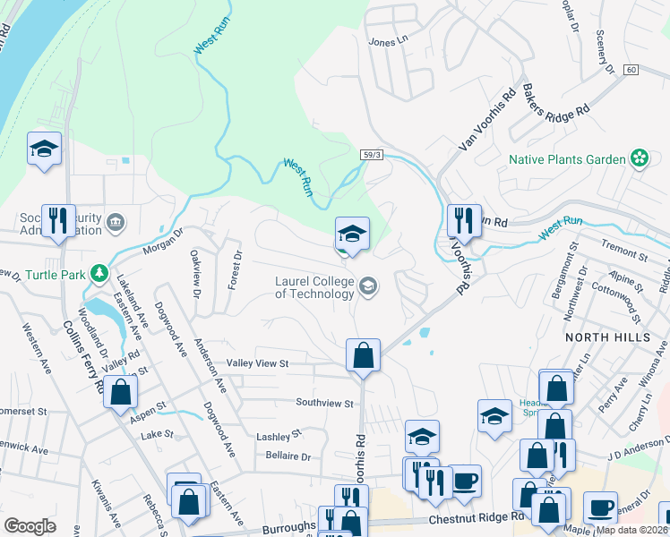 map of restaurants, bars, coffee shops, grocery stores, and more near 300 Wedgewood Drive in Morgantown