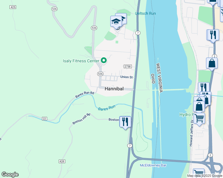 map of restaurants, bars, coffee shops, grocery stores, and more near in Hannibal
