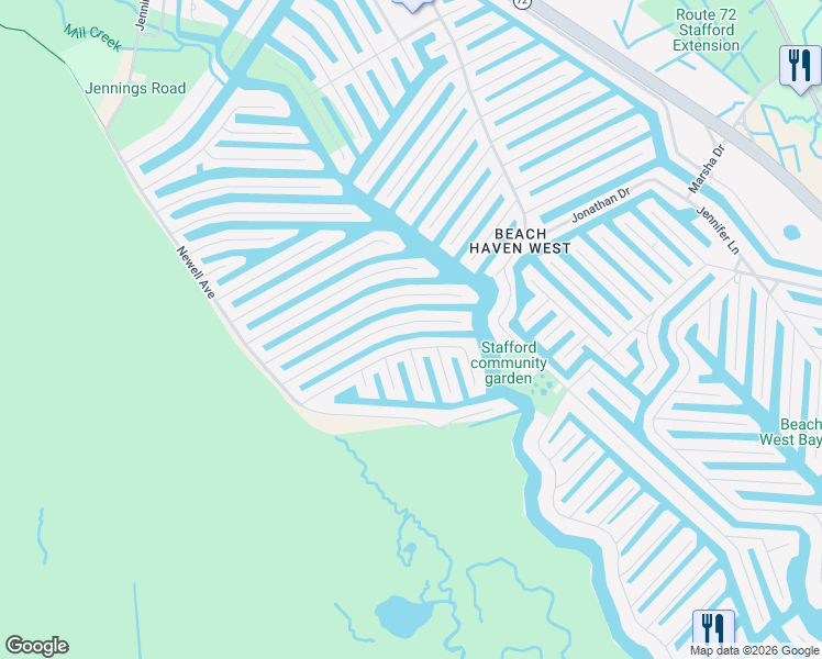 map of restaurants, bars, coffee shops, grocery stores, and more near 173 Peter Road in Stafford Township