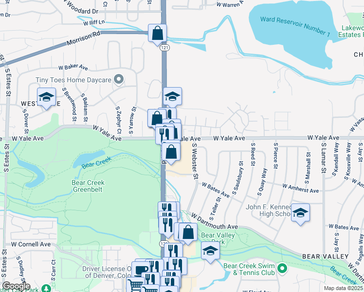 map of restaurants, bars, coffee shops, grocery stores, and more near 7550 West Yale Avenue in Denver