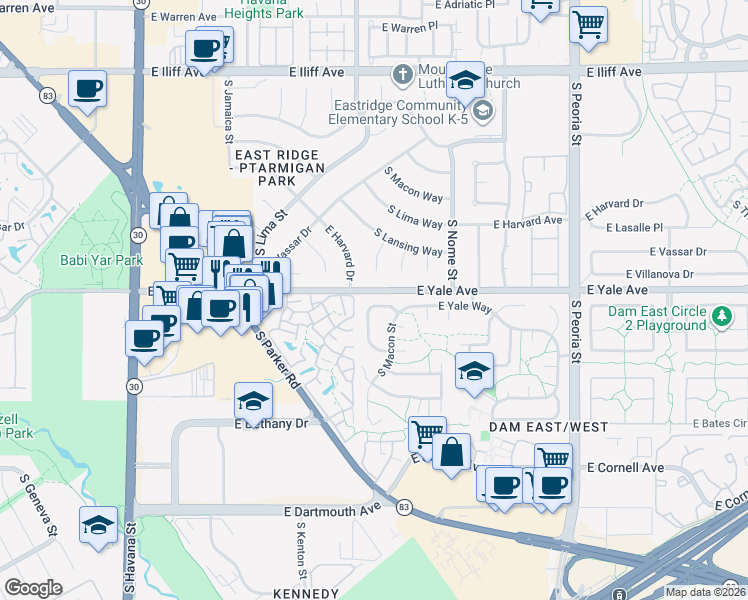 map of restaurants, bars, coffee shops, grocery stores, and more near 2731 South Macon Circle in Aurora