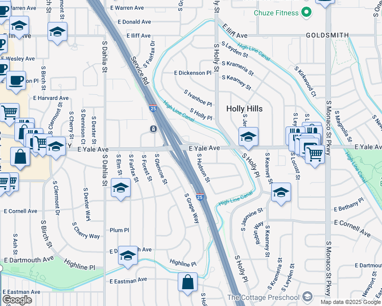 map of restaurants, bars, coffee shops, grocery stores, and more near 5400 East Yale Avenue in Denver