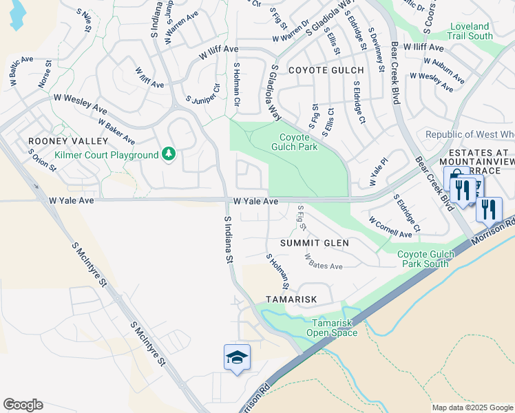 map of restaurants, bars, coffee shops, grocery stores, and more near 2720 South Holman Court in Lakewood