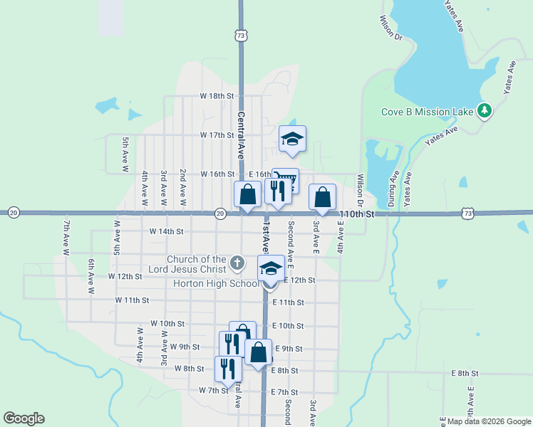 map of restaurants, bars, coffee shops, grocery stores, and more near 1501 1st Avenue East in Horton