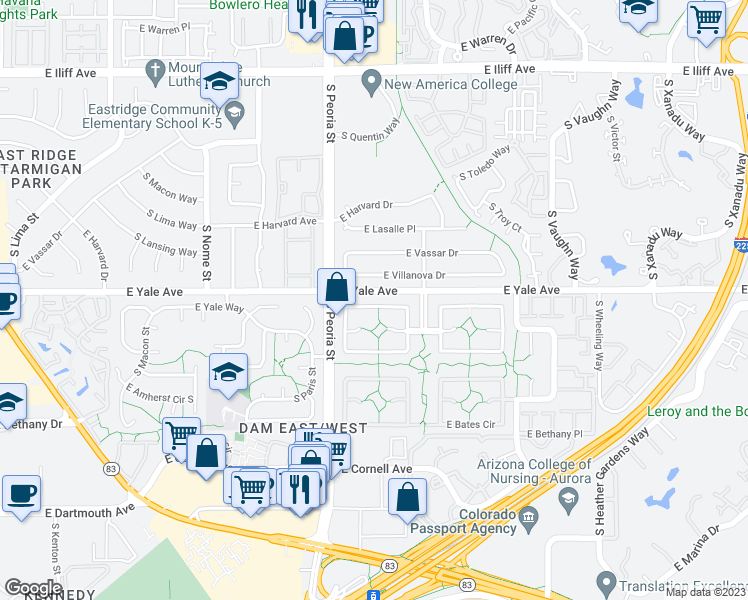 map of restaurants, bars, coffee shops, grocery stores, and more near 12132 East Amherst Circle in Aurora