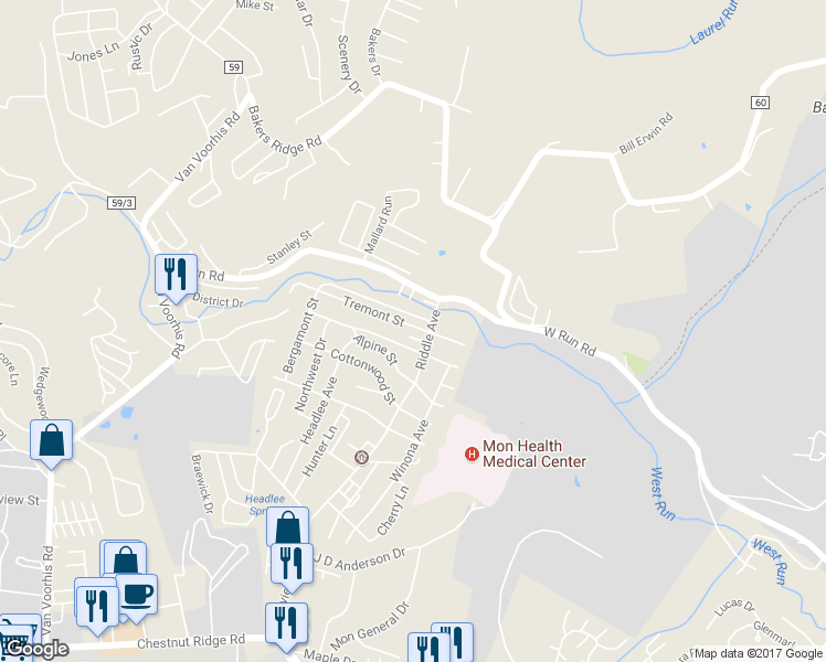 map of restaurants, bars, coffee shops, grocery stores, and more near 888 Tremont Street in Morgantown