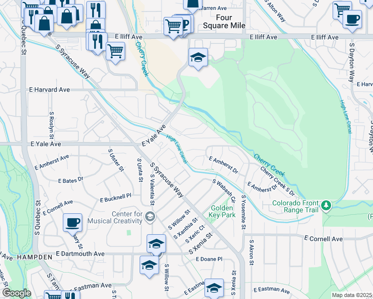 map of restaurants, bars, coffee shops, grocery stores, and more near 8621 East Yale Avenue in Denver