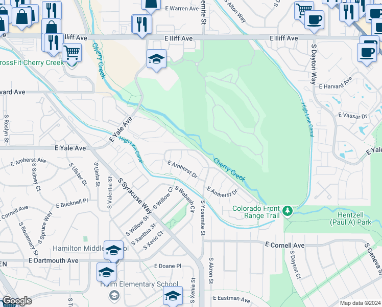 map of restaurants, bars, coffee shops, grocery stores, and more near 8790 East Yale Avenue in Denver