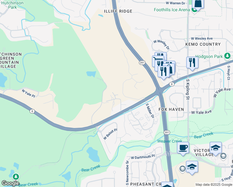 map of restaurants, bars, coffee shops, grocery stores, and more near 2700 South Oak Street in Lakewood