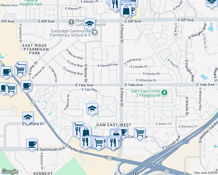 map of restaurants, bars, coffee shops, grocery stores, and more near 11999 East Yale Avenue in Aurora