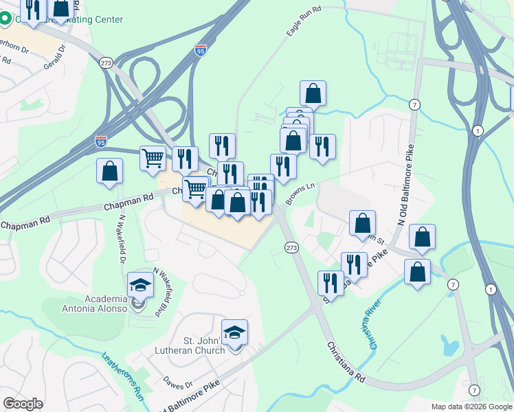 map of restaurants, bars, coffee shops, grocery stores, and more near 84 University Drive in Newark