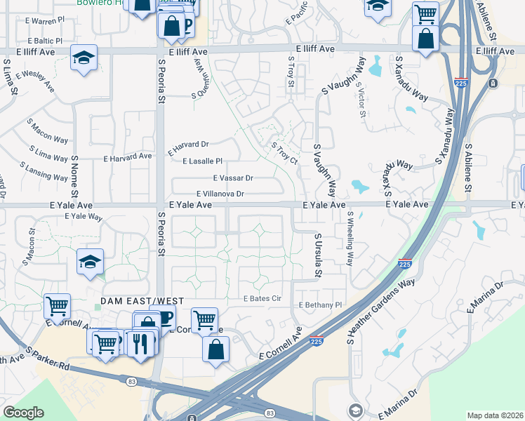 map of restaurants, bars, coffee shops, grocery stores, and more near 12496 East Amherst Circle in Aurora