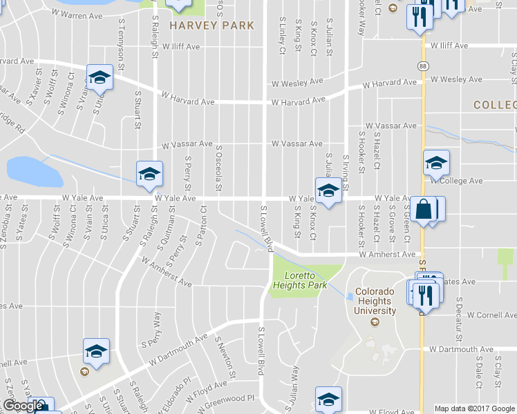 map of restaurants, bars, coffee shops, grocery stores, and more near 2709 South Meade Street in Denver