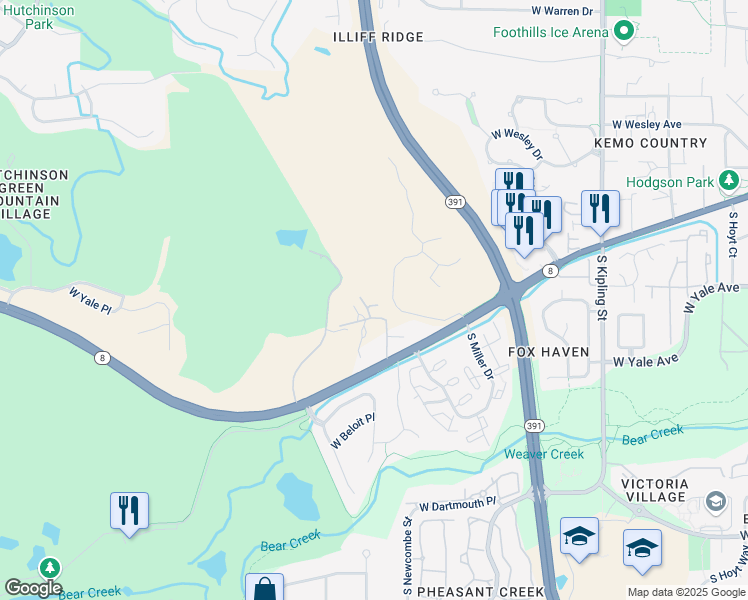 map of restaurants, bars, coffee shops, grocery stores, and more near 2700 South Oak Street in Lakewood