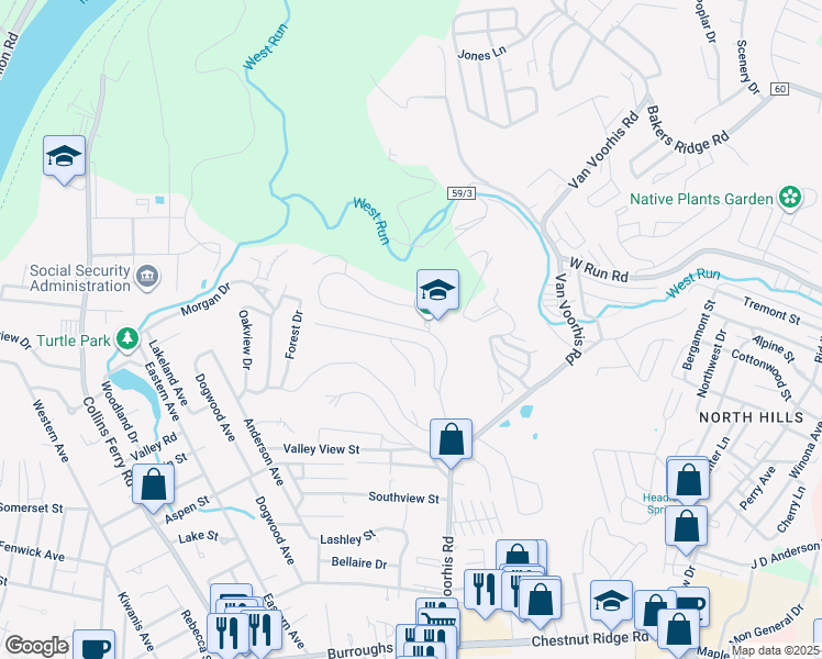 map of restaurants, bars, coffee shops, grocery stores, and more near 300 Wedgewood Drive in Morgantown