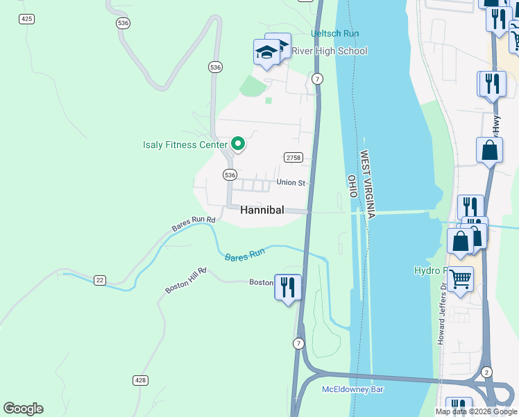 map of restaurants, bars, coffee shops, grocery stores, and more near in Hannibal