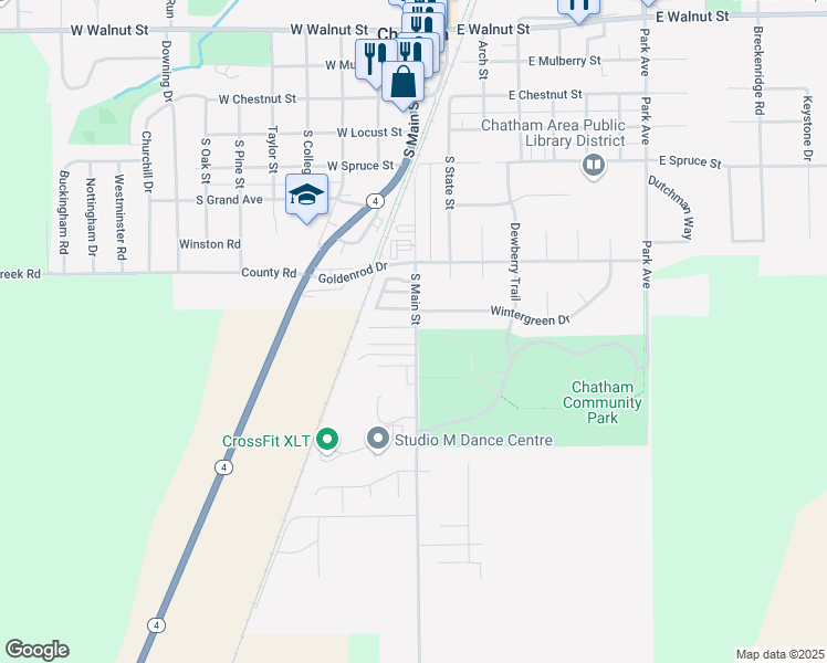 map of restaurants, bars, coffee shops, grocery stores, and more near 615 South Main Street in Chatham