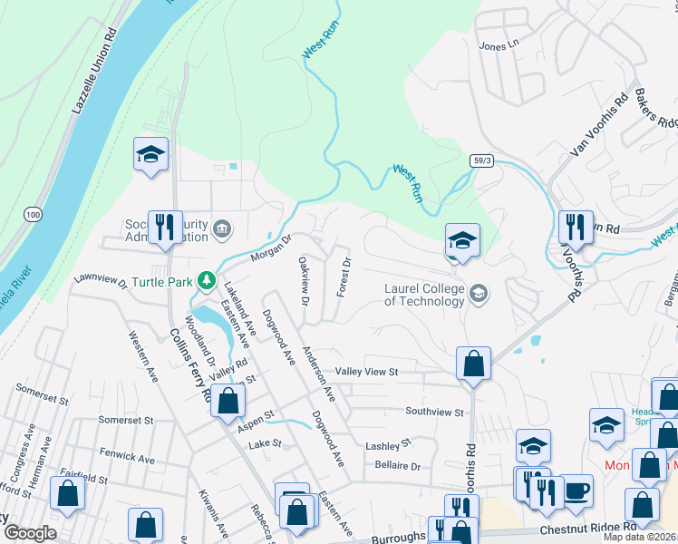 map of restaurants, bars, coffee shops, grocery stores, and more near 115 Forest Drive in Morgantown