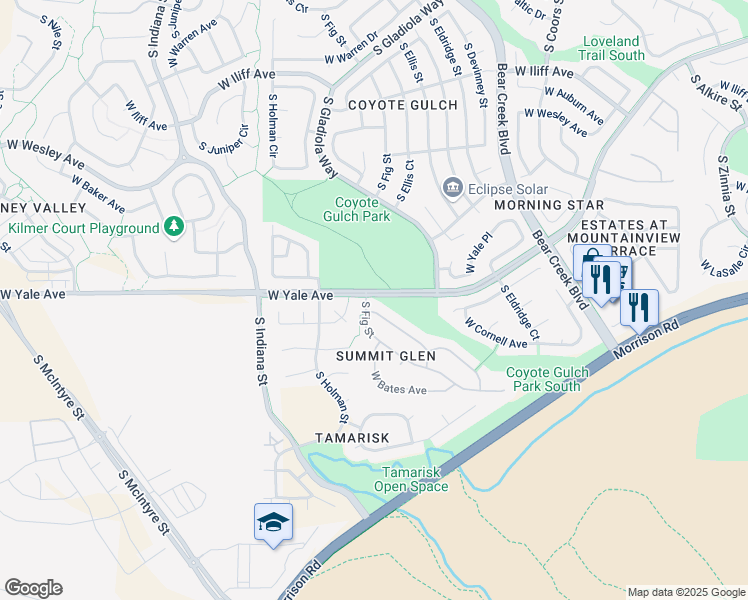 map of restaurants, bars, coffee shops, grocery stores, and more near 2801 South Fig Street in Lakewood