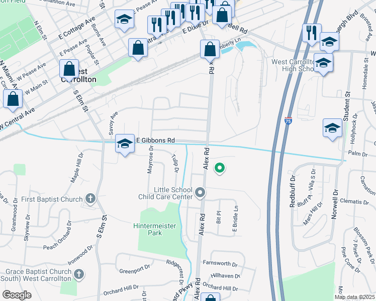 map of restaurants, bars, coffee shops, grocery stores, and more near 921 Primrose Drive in Dayton