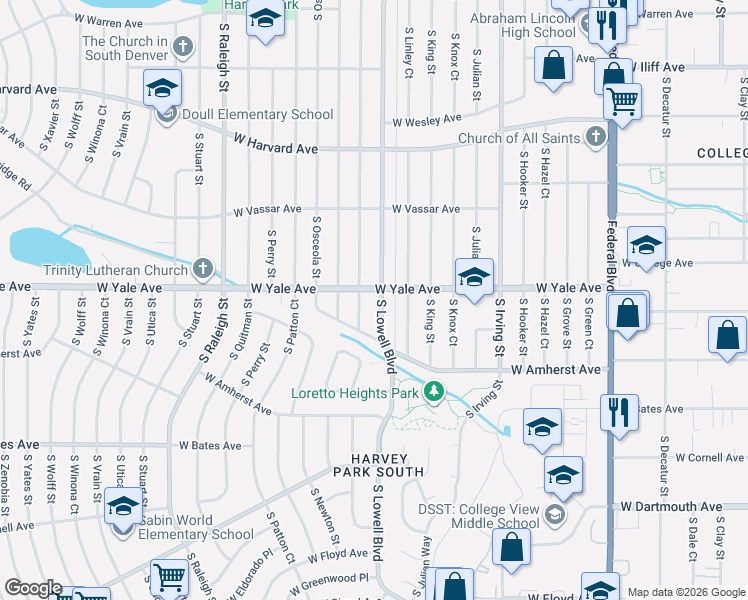 map of restaurants, bars, coffee shops, grocery stores, and more near 2709 South Meade Street in Denver