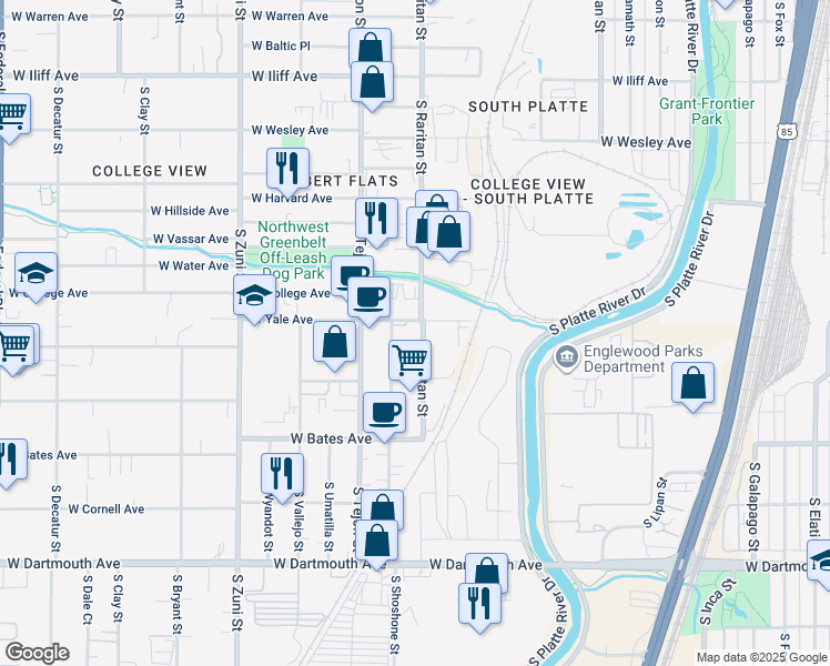 map of restaurants, bars, coffee shops, grocery stores, and more near 2705 South Raritan Street in Englewood